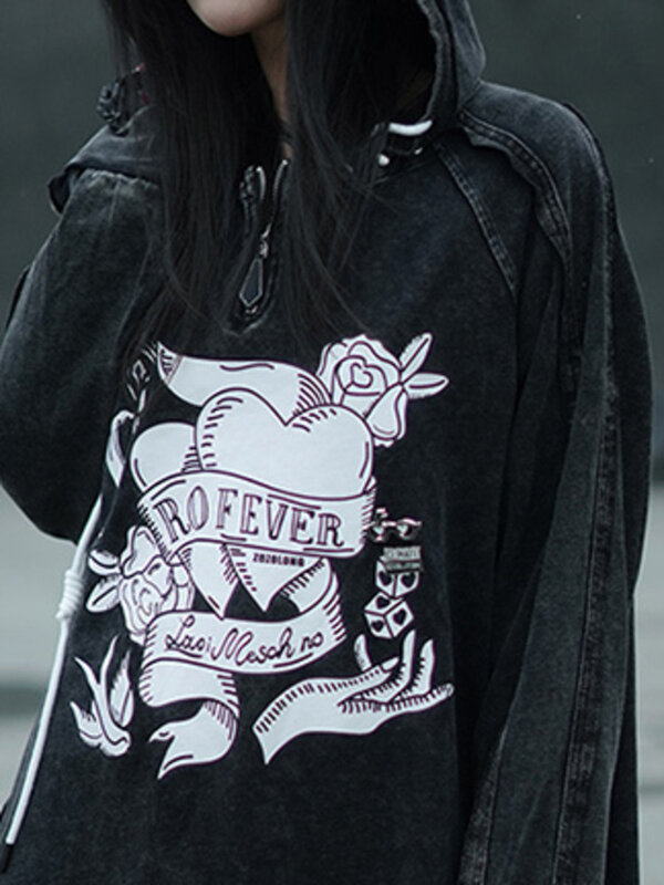 SHENGPALAE hoodie Denim wanita, Vintage bercetak mode Amerika Streetwear serbaguna Musim Semi 2024 pasang baru 5R9515