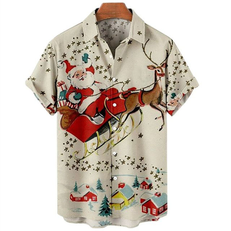 Camisas havaianas engraçadas masculinas e femininas, blusa casual de Natal com estampa 3D, manga curta de praia, lapela vocacional, moda verão
