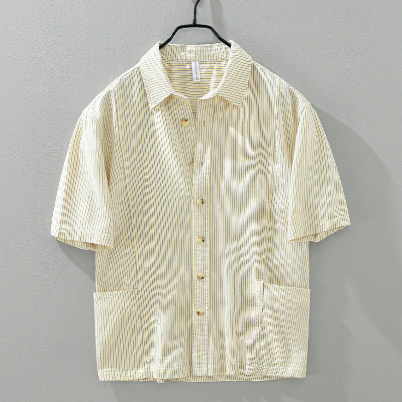 Cotton Casual Shirts Men Casual Fashion Striped Short Sleeve Shirt Man Loose Large Size Button-up Shirt