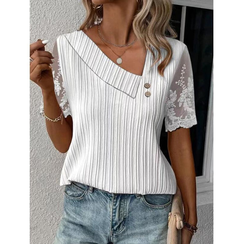 Summer Simple Casual Shirt Skew Collar Lace Short Sleeve Elegant Blouse Women Loose Casual T-shirt Buttons Tops for Women 28326