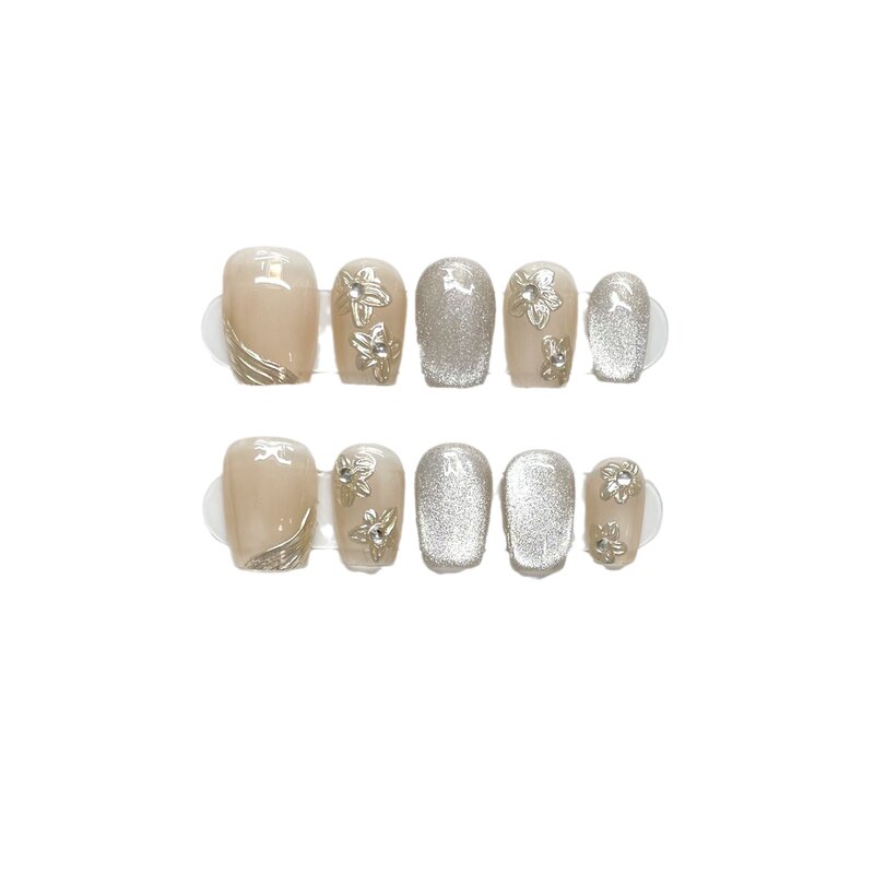 Champagne Color Handmade Nails Press on Full Cover Manicuree Flower Cat's Eye False Nails Wearable Artificial With Tool Kit