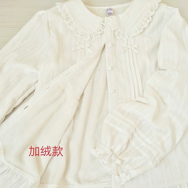 Camisa gruesa de felpa de manga larga con lazo de encaje de cuello de muñeca, Lolita blanca, algodón, Color sólido, dulce