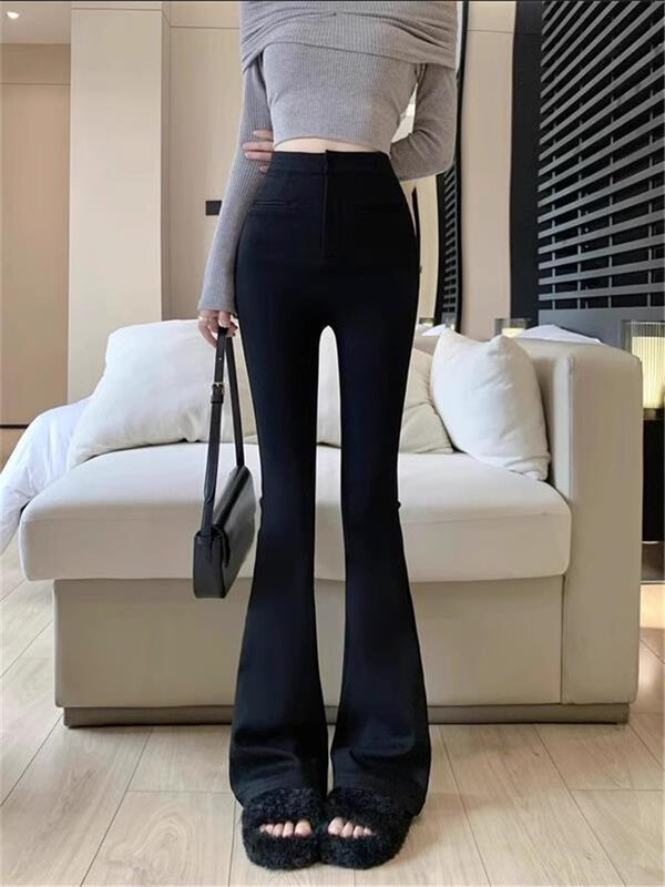 Celana kasual mikro menyala hitam untuk wanita, celana panjang kaki lurus pinggang tinggi ramping pas elastis musim gugur musim dingin 2024