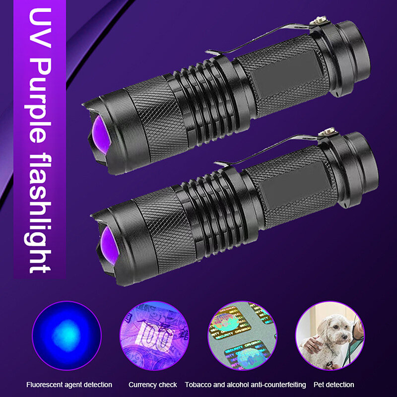 Senter Led Ultraviolet, lampu UV Portabel Mini Zoom UV pencahayaan senter detektor Ultraviolet 365/365 nm