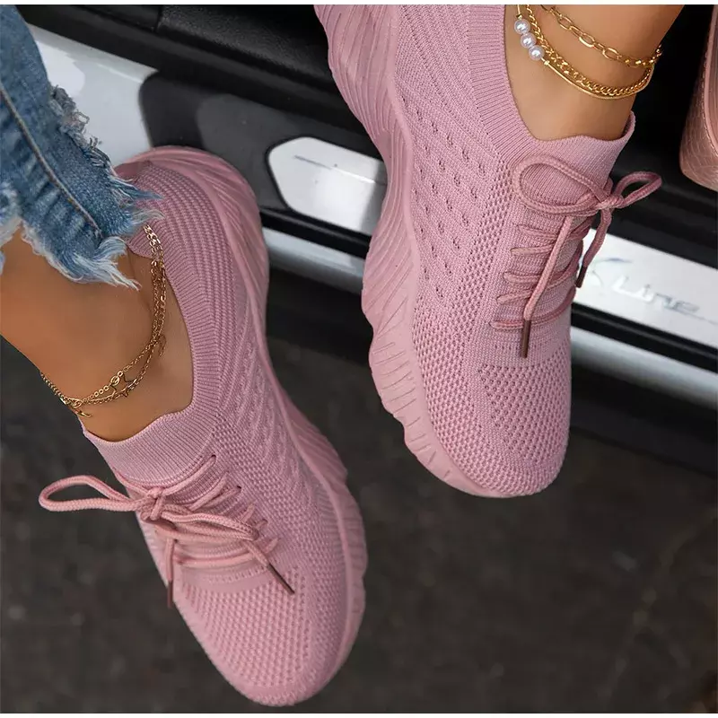 Zapatillas De Mujer sepatu lari wanita, Sneakers datar bertali kasual bersirkulasi musim semi untuk wanita