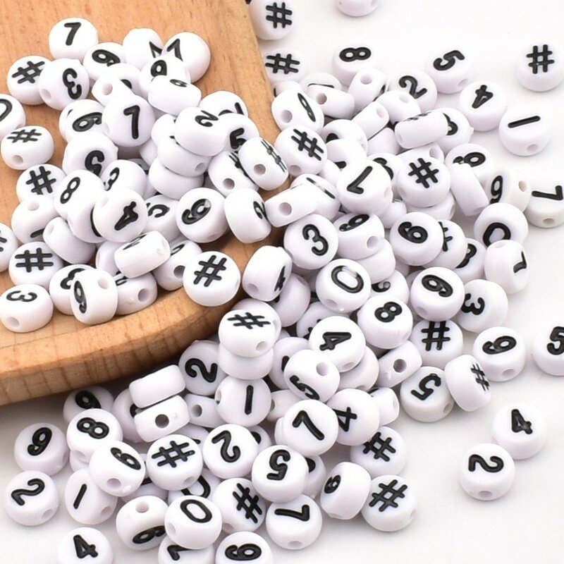 Perles acryliques rondes faites à la main pour la fabrication de bijoux, chiffres noirs, symboles, fond blanc, bricolage, 7x4x1mm, 50 pièces par lot