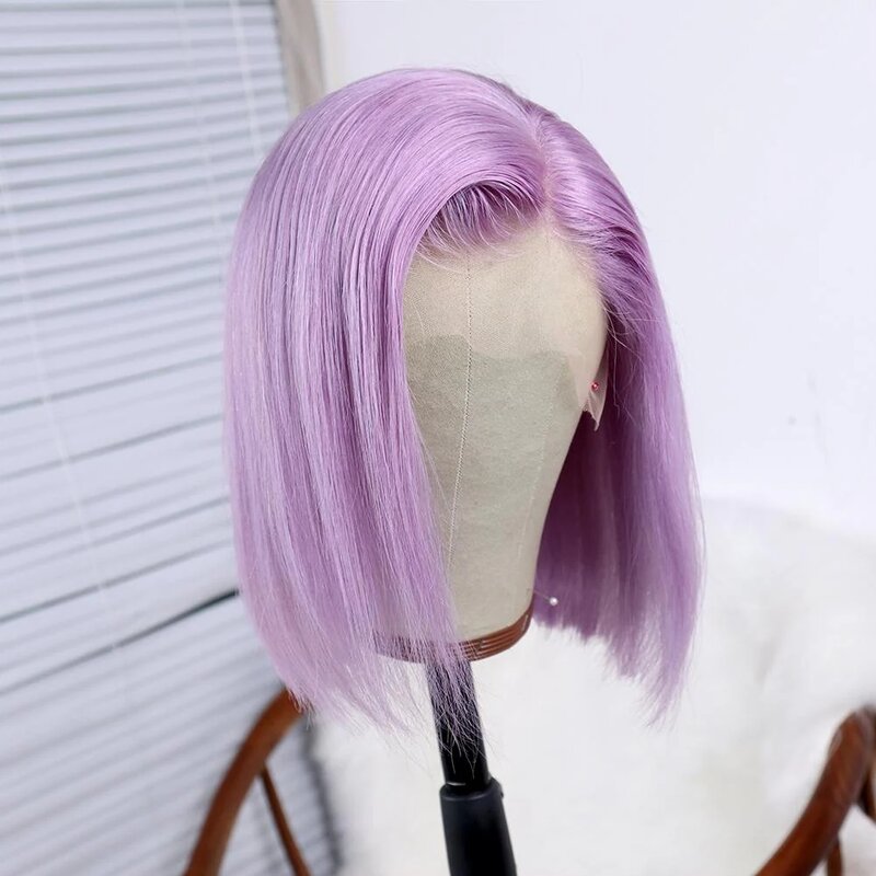 Perruque Bob Lace Front Wig péruvienne naturelle, cheveux courts lisses, violet, 13x4, 100% cheveux humains, pre-plucked, pour femmes