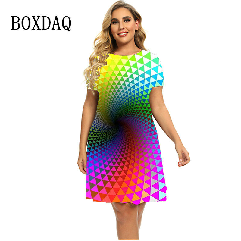 Elegant Rainbow Gradient 3D พิมพ์ใหม่ผู้หญิง2023แฟชั่นเรขาคณิตเดรสแขนสั้นฤดูร้อน Plus ขนาดเสื้อผ้า6XL