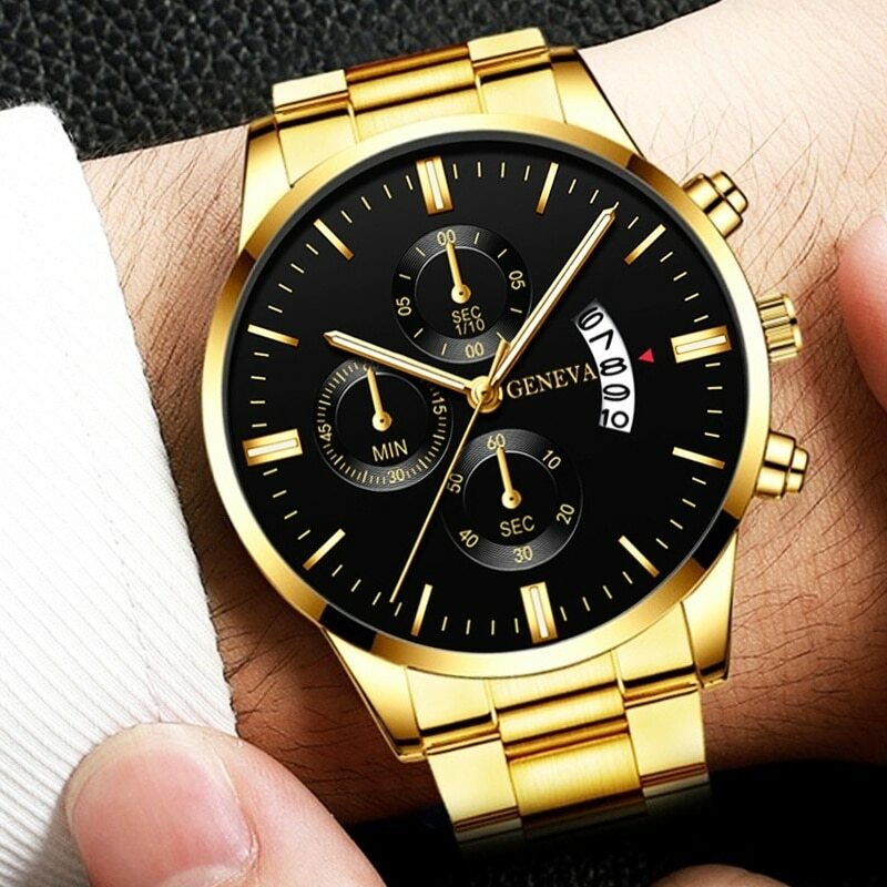 2023ผู้ชายแฟชั่นสแตนเลสทองดูหรูหราปฏิทินควอตซ์นาฬิกาข้อมือสำหรับผู้ชายนาฬิกาธุรกิจ