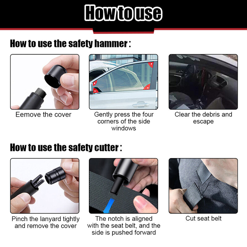 Alloy Car Safety Hammer com Phone Number Card, Seat Belt Cutter, Window Breaker, Escape Emergency Hammer, Rescue Tool, 2in 1