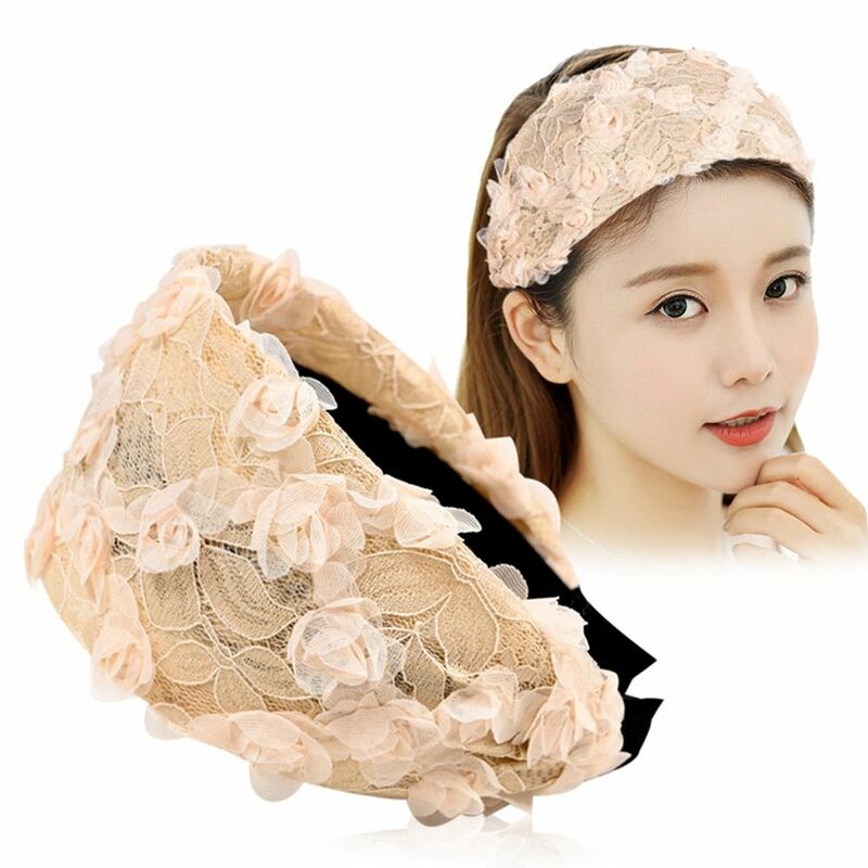 Bando bunga jala wanita, ikat kepala rambut Korea lebar anti selip untuk perempuan musim semi