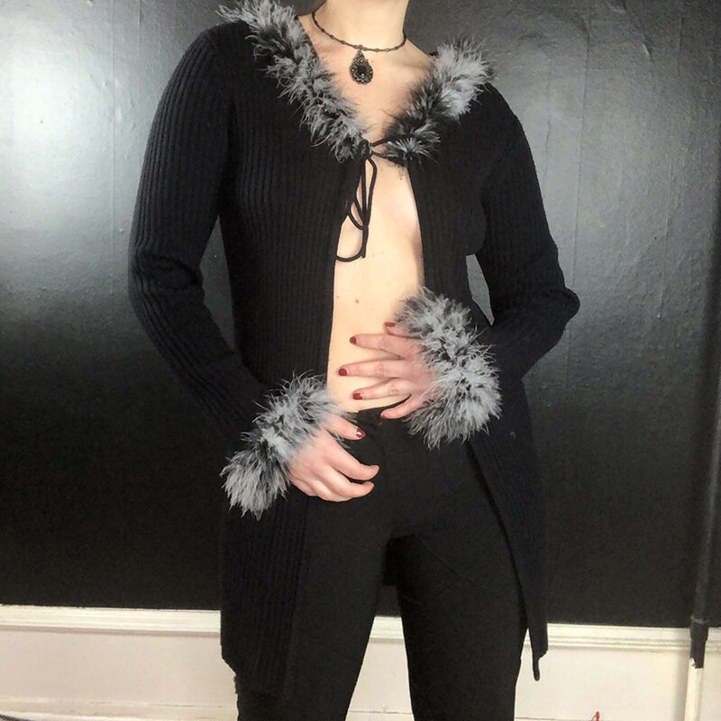 후드 모피 칼라 재킷, 블랙 핏 스트립, 섹시한 가디건, 레이스업 니트, 캐쥬얼 재킷, 가을 및 겨울 패션