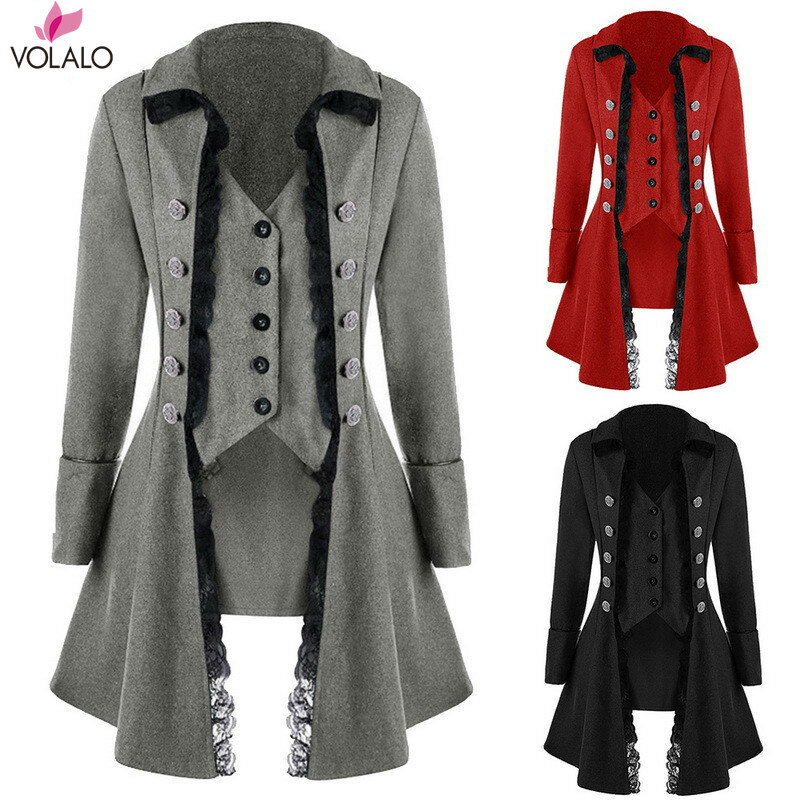 VOLALO Autumn Winter Women Trim Long Medieval Jacket Gothic Lady Cosplay Solid Long Sleeve Three-Breasted Irregular Tops