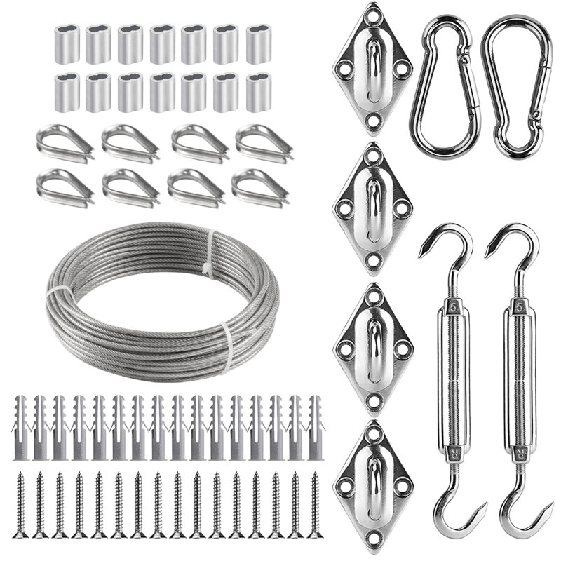 5mm/6mm SunShade Sail Rectangle Hardware Attachments Kit 15M/3mm Stainless Steel Coated Wire Rope for Install Awning Accessory