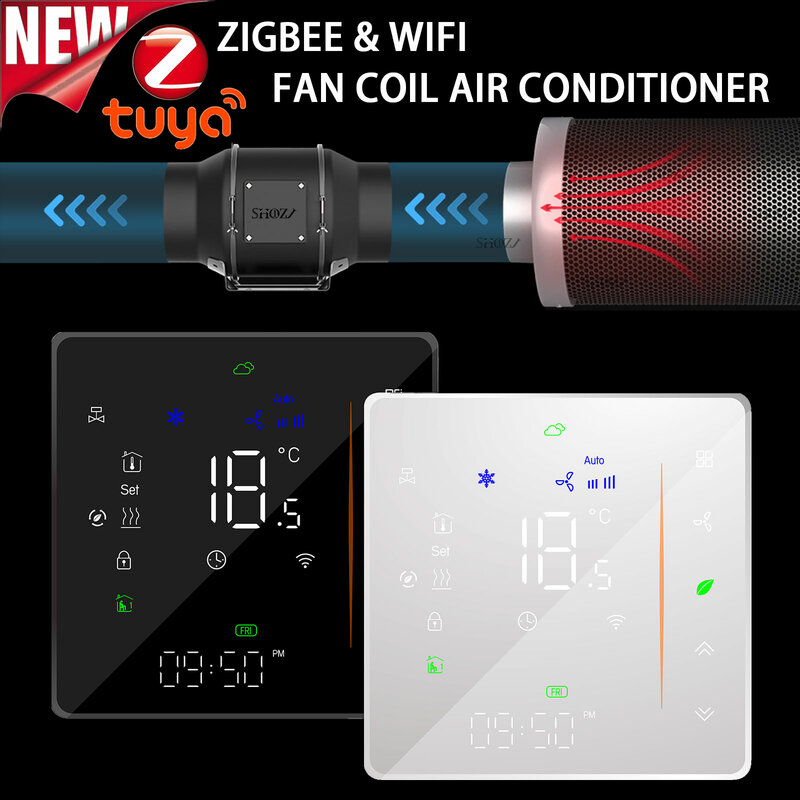 TUYA Zigbee & Wi-Fi 2/4 Pipe Fan Coil Room Thermostaat-HVAC Temperatuurregelaar voor verwarming en koeling 12VAC 24VAC 95-240VAC Work with Alexa Google Home