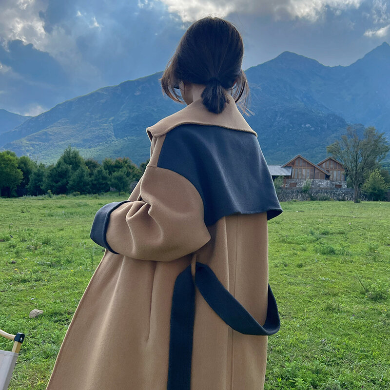 Abrigo de lana para mujer, gabardina de Cachemira de doble cara contrastante de alta calidad, estilo Hepburn, Otoño e Invierno