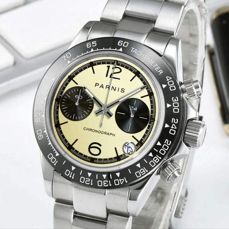 Parnis 39Mm Heren Horloge Volledige Chronograaf Lichtgevende Saffier Glas Zwart Bezel Luxe Quartz Horloge
