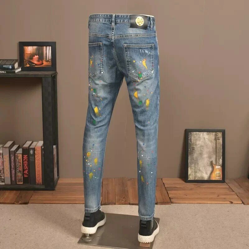 Mode Streetwear Heren Jeans Retro Blauwe Stretch Skinny Fit Gescheurde Jeans Heren Geschilderde Designer Hiphop Denim Potlood Broek Hombre