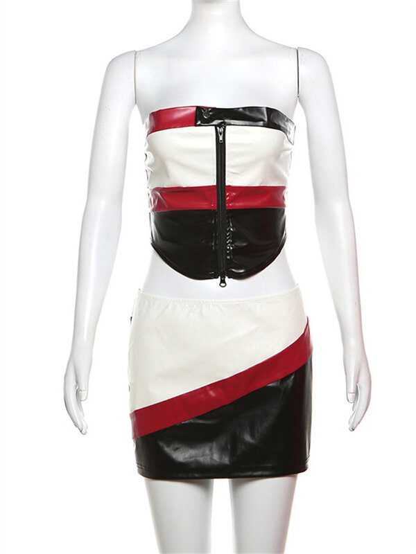 Simenual-女性用合成皮革ミニスカートとストラップレストップ,ジッパー付き,90年代,パンクスタイル