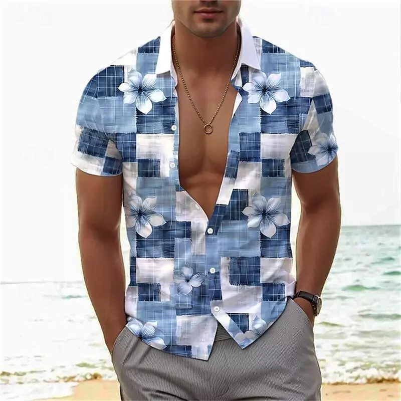 2024 Summer New Flower Plaid 3D Printed Polo Collar Shirt Fashion Hawaii Beach Leisure Comfortable Short sleeved Men's Clothing