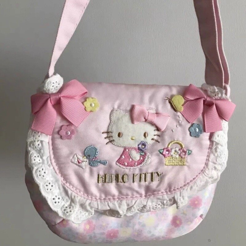 MBTI bolso de hombro con bordado de Hello Kitty para mujer, bolso cruzado exquisito de moda dulce, bolso Vintage de estética Lolita