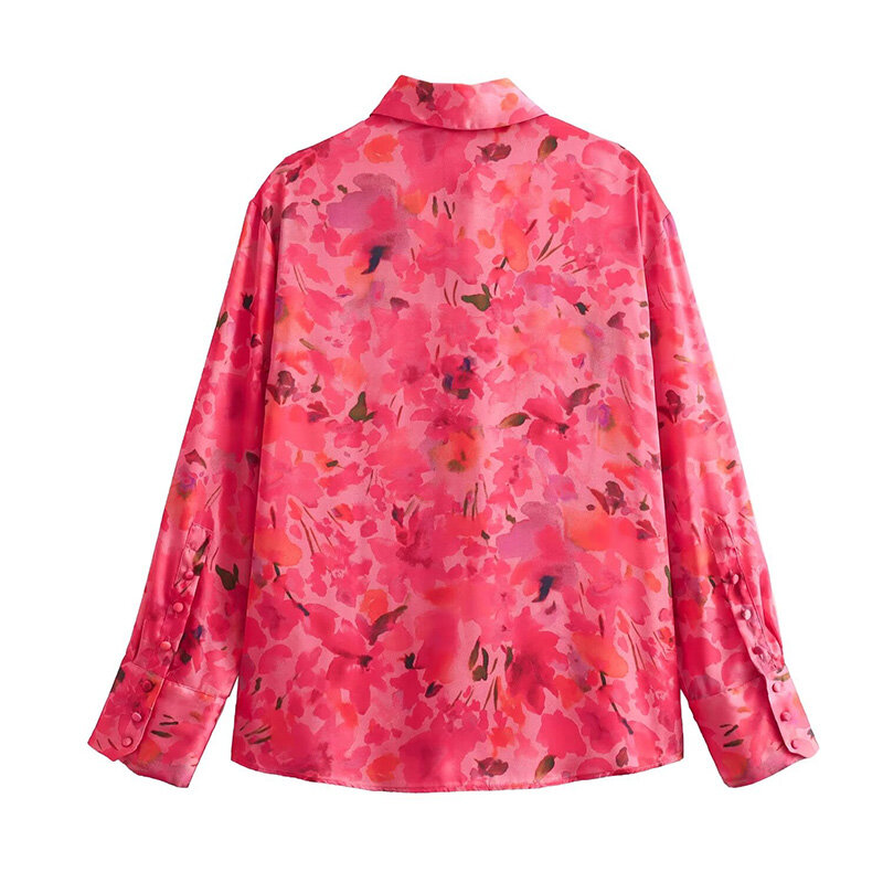 Summer Shirt Tops 2024 New Casual Floral Print Satin Texture Shirt Long-Sleeved Single-Breasted Short Top