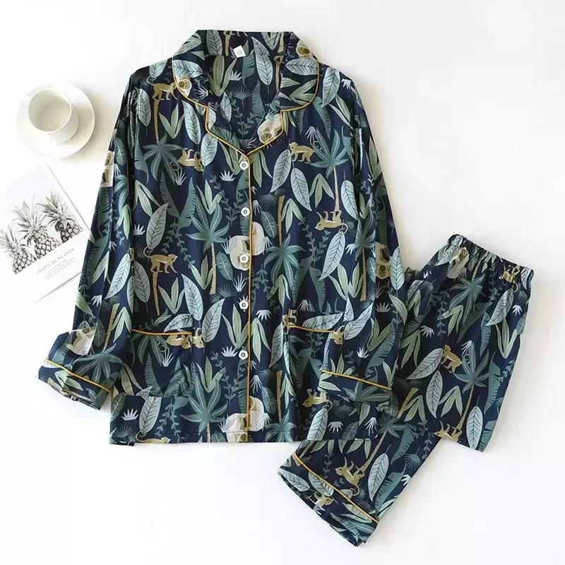 And Suits Long-sleeved Viscose Clothes Trouser Two-piece Pajama Cotton Sleepwear  Women Autumn Home Spring Set for