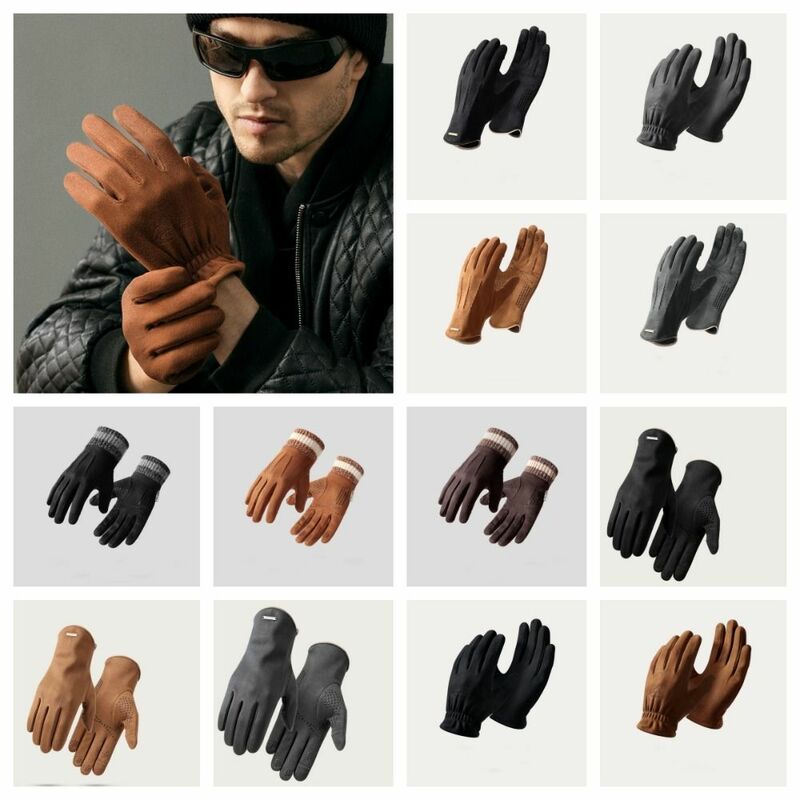 Sarung tangan jari penuh pria, sarung tangan bersepeda Suede hangat, sarung tangan Ski tebal berkendara lima jari layar sentuh