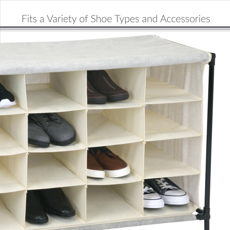 Simplify 4 Tier Fabric 16 Pairs Shoe Cubby Organizer, 16 Compartment, with Cover in Ivory