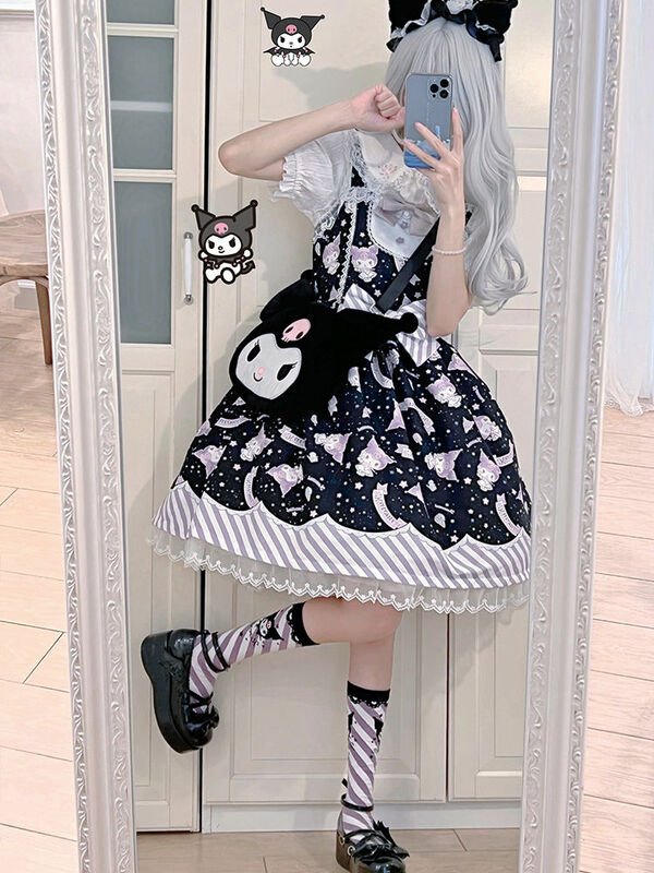 Dulce Lolita Jsk vestido de princesa con estampado de dibujos animados para mujer, lindo lazo de encaje, Vestidos con tirantes para fiesta, Mini Vestidos femeninos Harajuku Kawaii Y2k