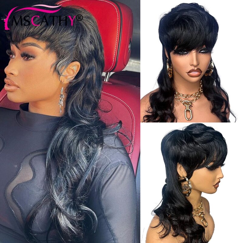 Full Machine Made Human Hair Wigs Wavy Short Pixie Cut Wig with Bangs Glueless Brazilian Remy Hair Wigs for Women Ready to Wear