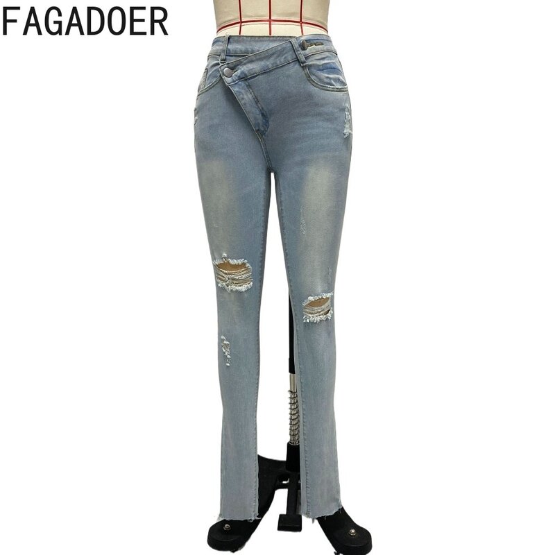 Fagadoer-ライトブルーデニムペンシルパンツ、穴あきハイウエストジーンズ、伸縮性、カウボーイスタイル、ファッション