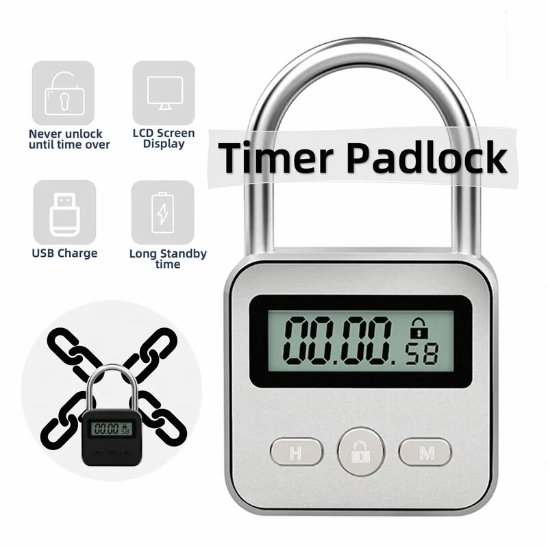 Timer Padlock LCD HD Display Add Backlight Zinc Alloy 99 Hours Max Timing Super Long Standby Anti-addiction Electronic Lock
