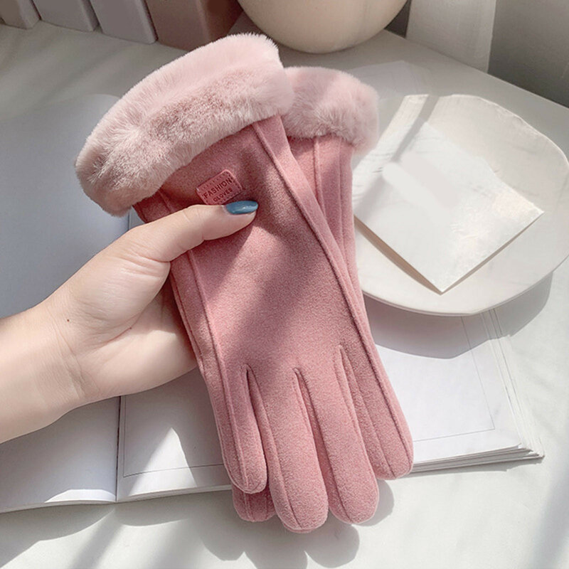 Sarung tangan hangat wanita, sarung tangan layar jari penuh hangat berbulu lucu olahraga luar ruangan musim gugur dan dingin untuk perempuan