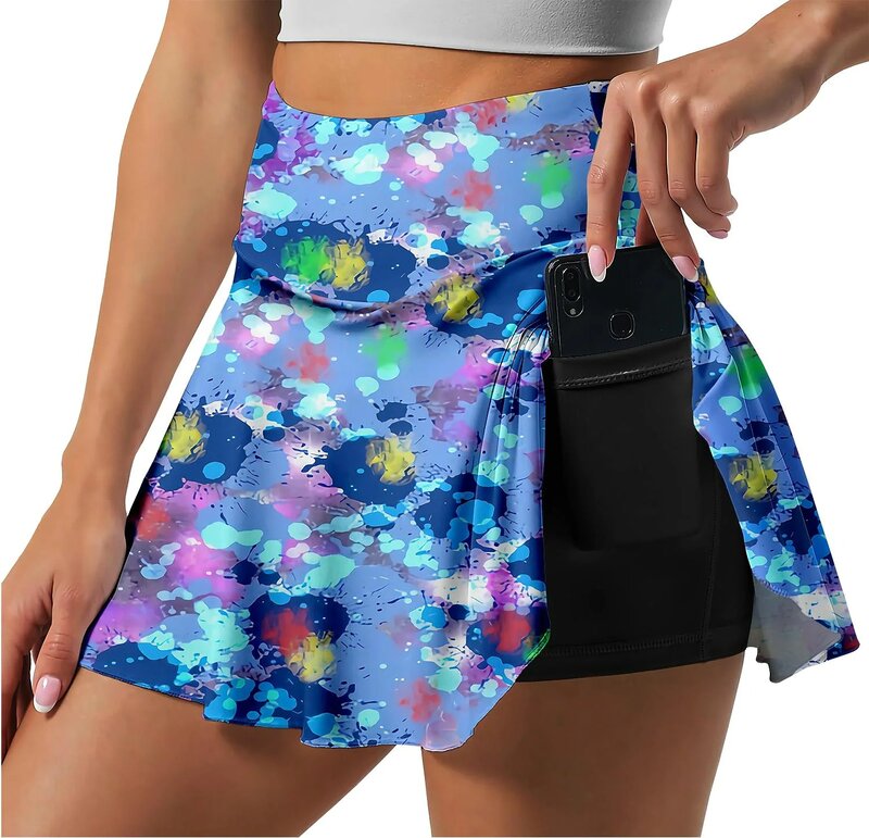 Women's Tennis Skirts Badminton Golf Pleated Skirt with 2 Pockets Sportswear High Waist  Double-Layer Anti-glare Fitness Skirt