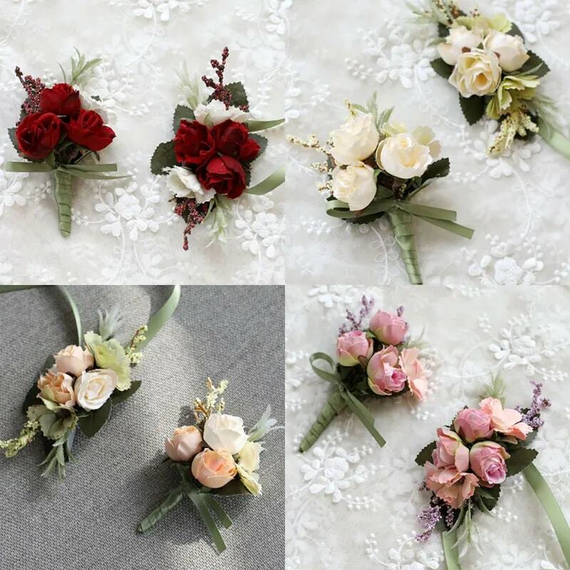 Ślubna dziurka ślubna kwiat na nadgarstek weselna dekoracja Mariage dla pana młodego bututonniere męska dekoracja sztuczna jedwabna róża kwiaty