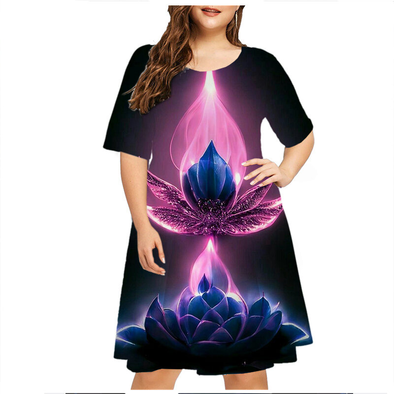 6XL Plus Size Summer Dresses For Women Clothes Plant Flower Print Short Sleeve Loose Dress Casual Retro O-Neck Sundress Vestidos