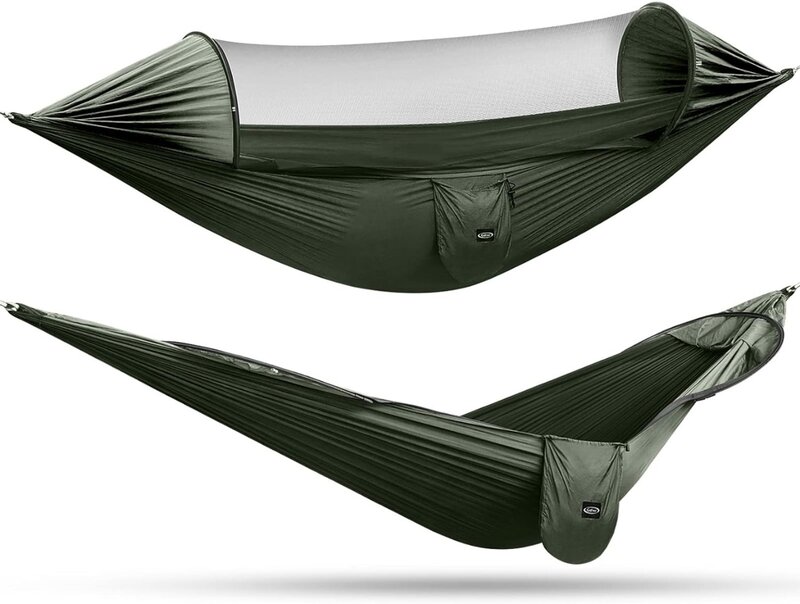 G4Free hamaca grande para acampar con mosquitera, paracaídas emergente para 2 personas, hamacas colgantes ligeras, correas para árboles, hamaca oscilante