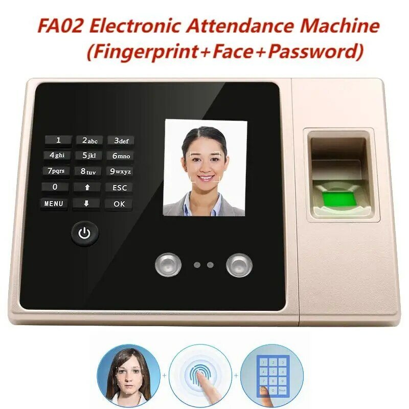 FA02 mesin kehadiran elektronik, peralatan kartu Punch pengenalan wajah karyawan (Sidik Jari + wajah + kata sandi)