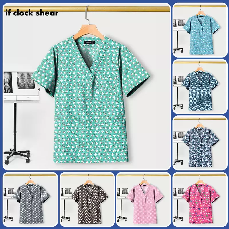 Print Scrub Tops Vrouwen Met Zak V-Hals Tandarts Uniform Dierenverzorging Verpleegster Spa Zorgzaam Shirt Uniformes De Enfermería Para Mujer