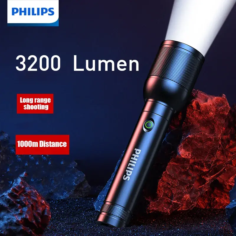 필립스 3200 루멘 LED 손전등 1000m 휴대용 강력하고 밝은 손전등 캠핑 램프 야외 하이킹용 자기방어