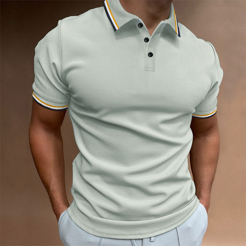Męska koszulka POLO prążkowana zapinana na klapę biznesowa w jednolitym kolorze pasująca koszulka top