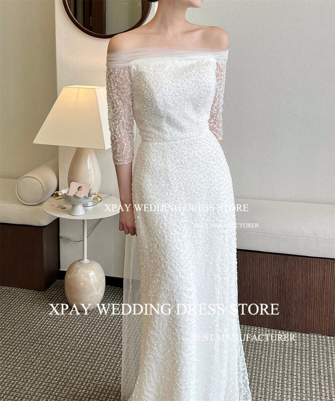 Роскошное корейское кружевное свадебное платье XPAY с открытыми плечами, винтажное свадебное платье с юбкой-годе и рукавом 3/4, платье невесты с бисером для фотосъемки
