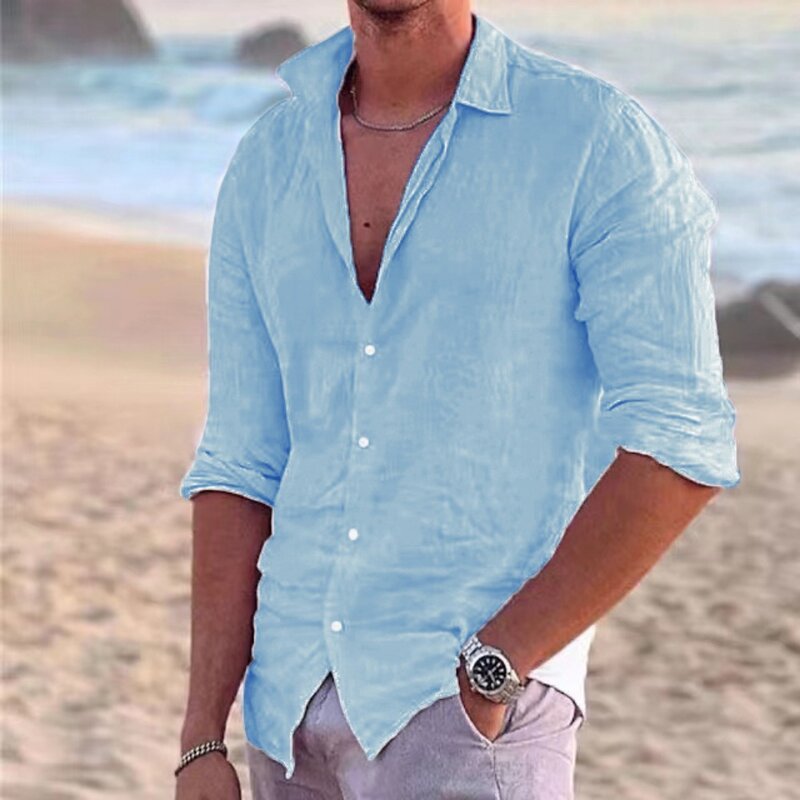 Camisa hawaiana de algodón y lino para hombre, camisa informal de manga larga con cuello tipo Polo para playa y vacaciones, 2023