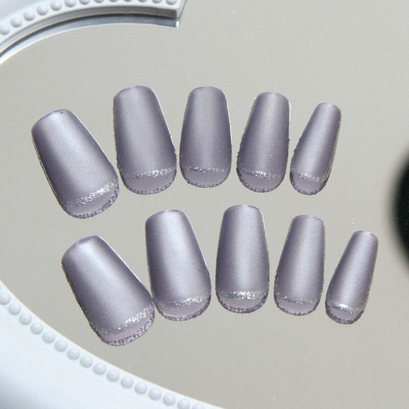 24pcs Long Ballerina Fake Nails French Purple Glitter Cat's Eye False Nails Full Cover Press on Nails DIY Detachable Nail Tips