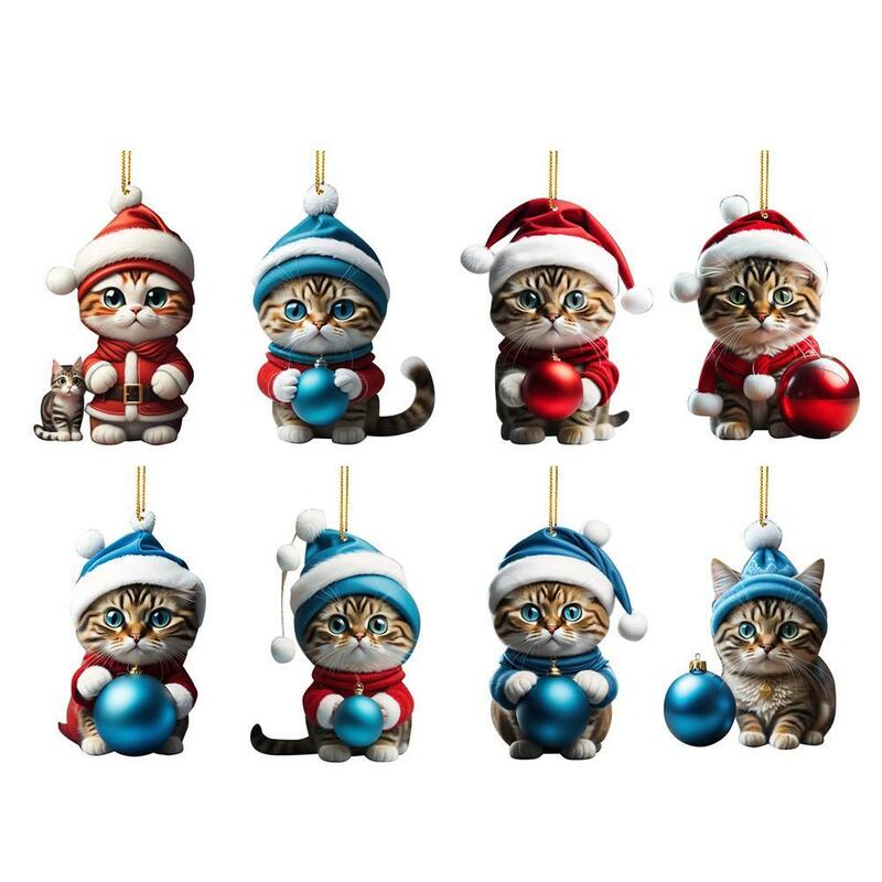 1/8Pcs 2D Acrylic Christmas Cat with Ball Ornament Xmas Tree Hanging Bauble Pendant 2023 Christmas Home Decoration Navidad Gift