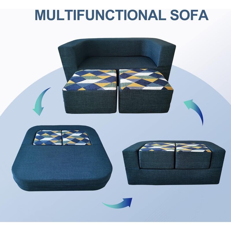 Couch Convertible Toddler Sofa 4pcs With Memory Foam Fold Out Kids Sofa Bed Children's Sofas Dark Blue Mini Furniture