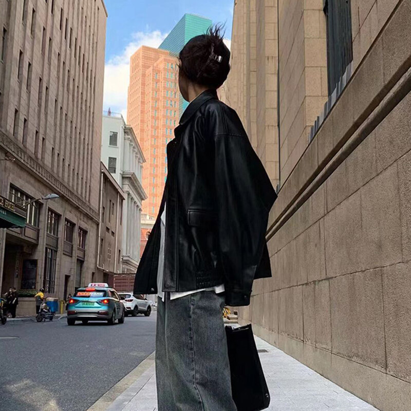 Gidyq Women Pu Faux Leather Jacket Baggy High Street Zipper Button Up Coats Loose Pocket Casual Long Sleeve Black Outerwear
