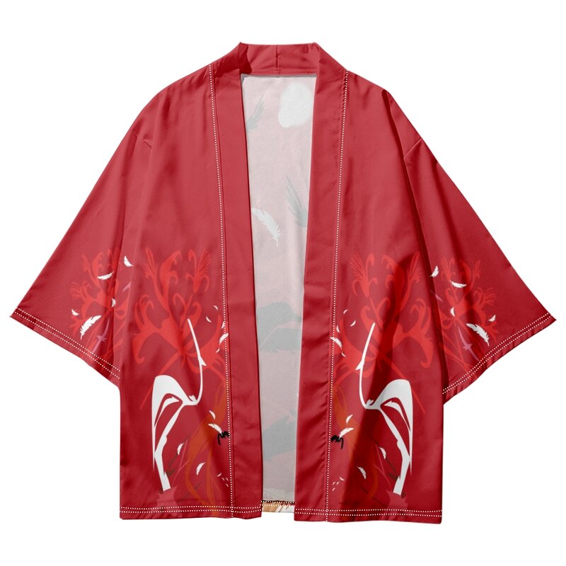 Japanese Style Crow Print Red Kimono Cardigan Cosplay Shirt 2023 Women Men Yukata Beach Haori Traditional Top