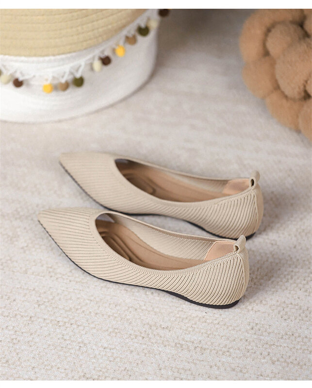 New Fashion Women Pointed Toe Flat Solid Color Knitted Slip on Shoes Casual Mesh Breathable Soft Bottom Ballet Loafers